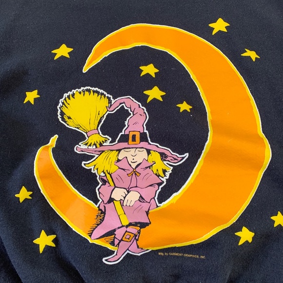 Vintage 90s Halloween Witch Black Sweatshirt Broom - Picture 5 of 5